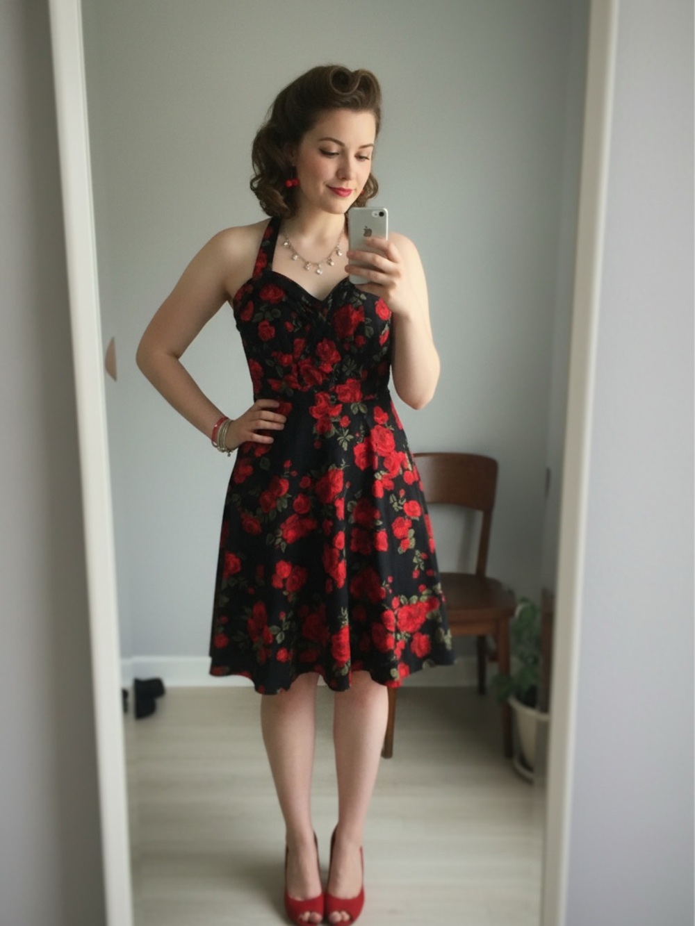Hot Topic Black Strapless Dress with Red Rose Print